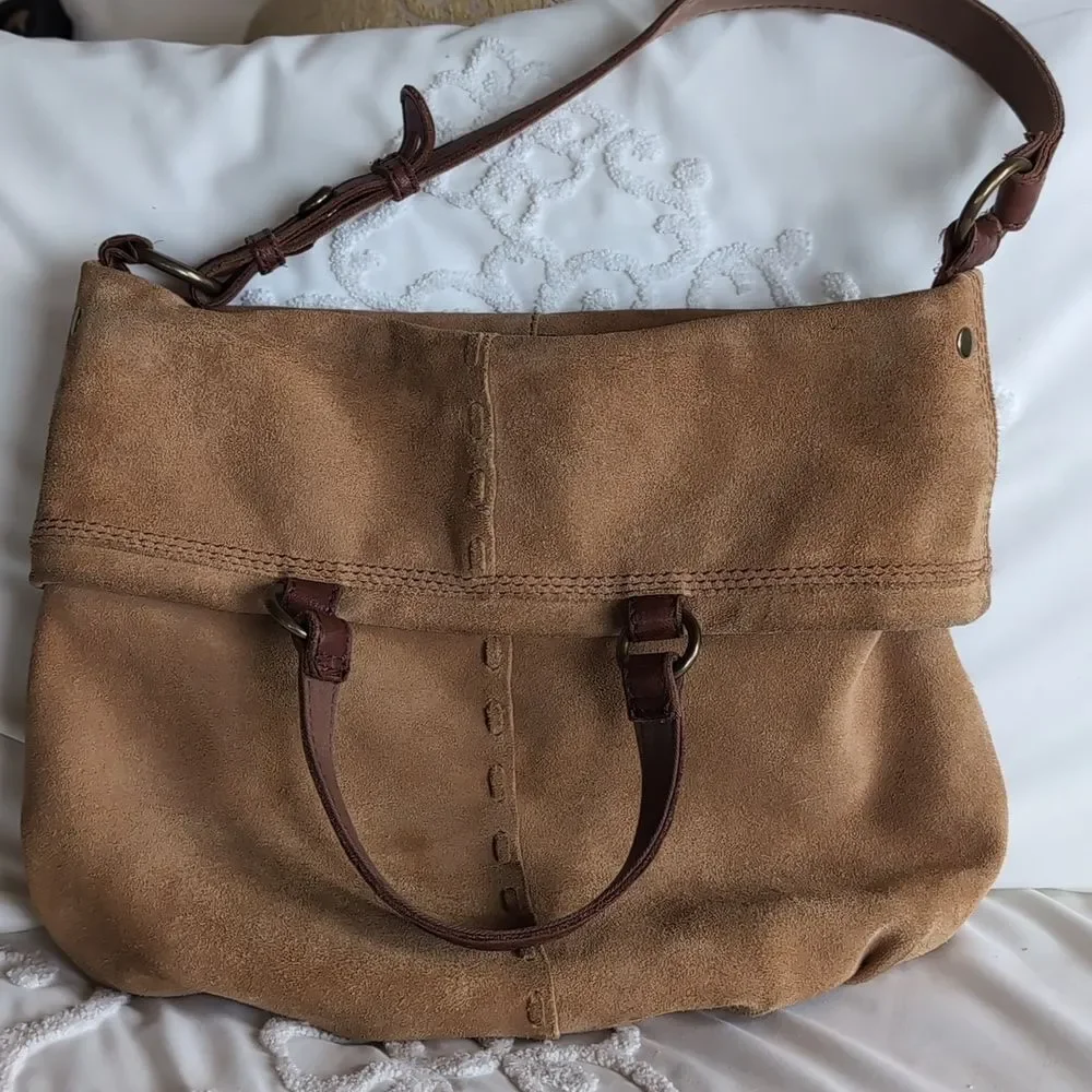 Lucky Brand Bag Vintage Tan Suede Large Tote- Fold Over Shoulder Sack Hobo Tote